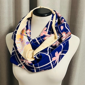 Double Infinity Scarf - Navy Blue with Cherry Blossom Pattern - Handmade from Vintage Japanese Kimono Fabric
