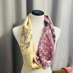 Sciarpa doppia infinita - Ispirata al kimono giapponese - Scene di villaggio e motivi floreali - Moda fatta a mano e sostenibile