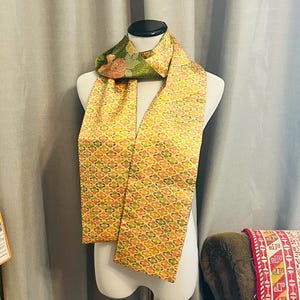 Traditional Bee and Floral Scarf - Reversible Yellow and Green Silk Scarf - Handcrafted from Vintage Kimono Fabric