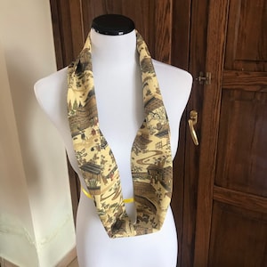 Japanese ancient village scene infinity scarf, upcycled silk Kimono scarf, child scarf
