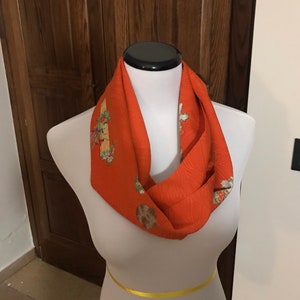 Orange flower and bamboo Kimono scarf, infinity scarf, made from Japanese Kimono