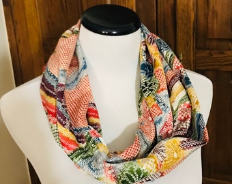 Rainbow Silk Infinity Scarf - Handmade from Vintage Japanese Kimono - Unique, Sustainable Fashion - Upcycled Japanese Scarf