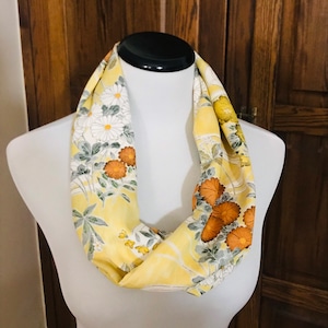Yellow silk flower Kimono scarf, infinity scarf with orange, white, yellow flowers. Upcycled Kimono.