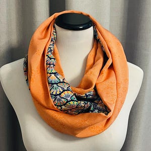 Double Infinity Scarf - Vibrant Japanese-Inspired Pattern with Salmon Contrast - Handmade from Vintage Kimono Fabric