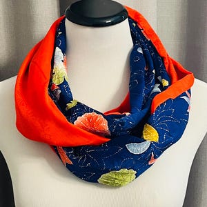 Double Infinity Scarf - Navy Blue with Floral Pattern and Orange crane Contrast - Handmade from Vintage Japanese Kimono Fabric