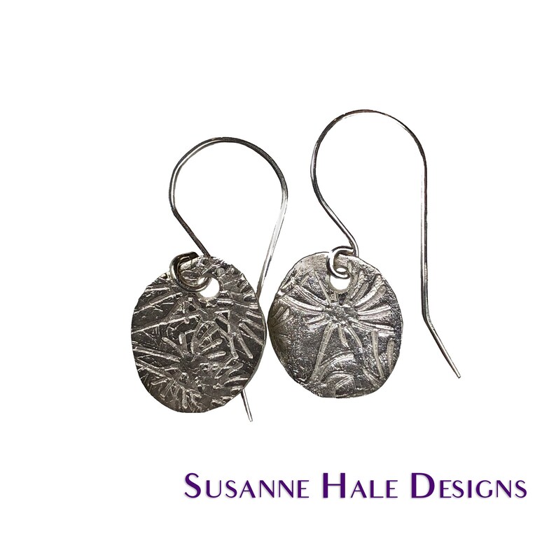 Fine silver fireworks-textured dangle earrings with patina