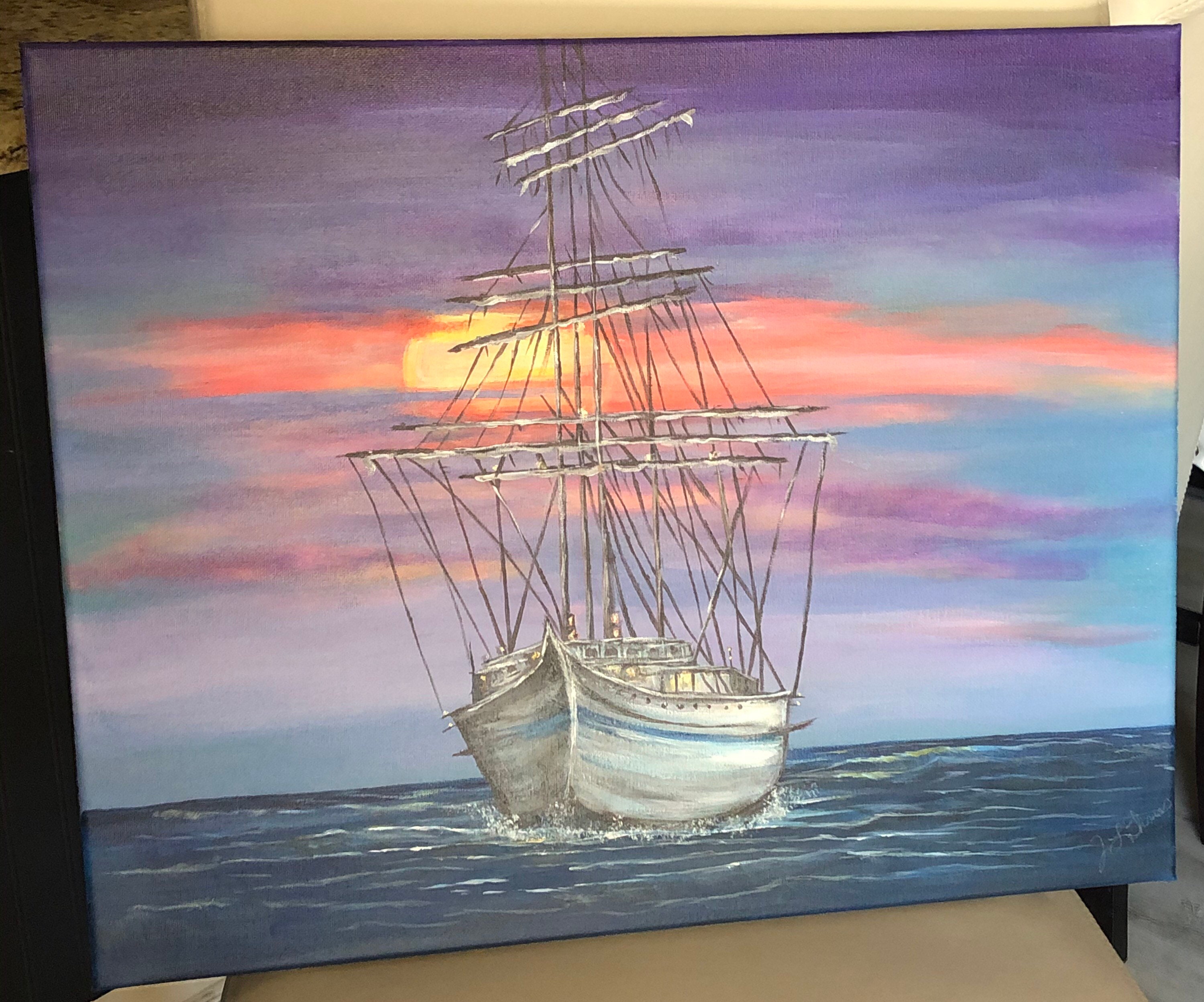 Ship in Sunset Acrylic Painting Etsy