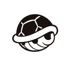 May include: Black and white illustration of a turtle shell, a common power-up in video games.