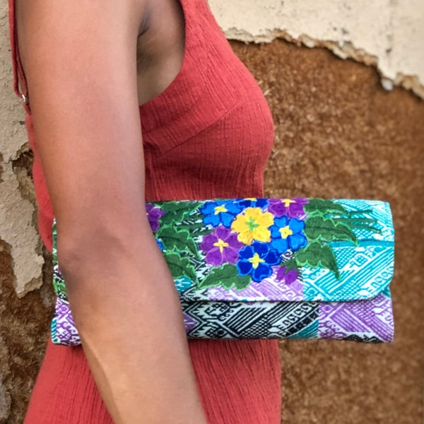 Floral embroidered leather summer clutch bag