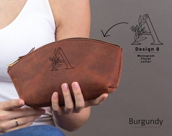 Personalized Leather Makeup Bag, Bridesmaid Gift, Engraved Cosmetic Travel Bag