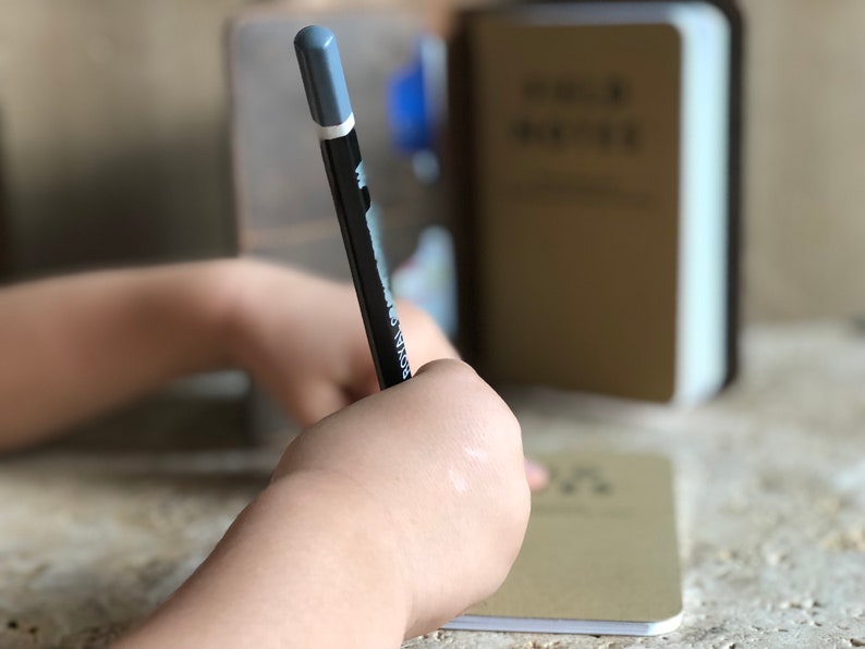 May include: A person is writing in a small notebook with a black and gray pen. The notebook is open to a blank page. A tan Bible is in the background.