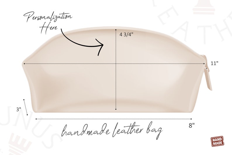 May include: A light beige, handmade leather bag with a zipper closure. The bag measures 11 inches long, 8 inches wide, and 4 3/4 inches tall. The bag is made of soft leather and has a smooth finish.