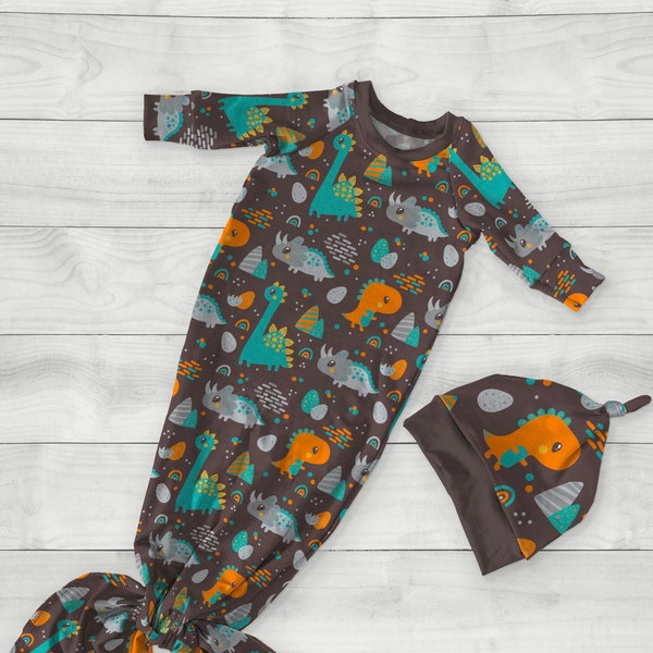 Dinosaur Knotted Gown Set, Baby Boy Orange TRex Pajama Outfit with Beanie Hat, Newborn Onesie Bodysuit, First Photo Outfit, Baby Shower Gift