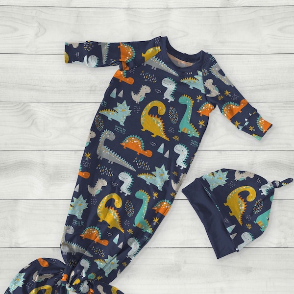 Baby Boy Dinosaur Newborn Knotted Gown Set, T-Rex Nightgown / Pajamas, Navy Onesie Sleeper, Infant Outfit, Bringing Home Baby Shower Gift