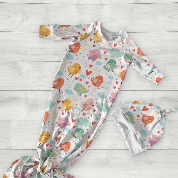 Cute Colorful Birds Knotted Gown Set, Baby Girl Clouds & Hearts Pajamas / Nightgown, Newborn First Photo Outfit, Coming Home Shower Present