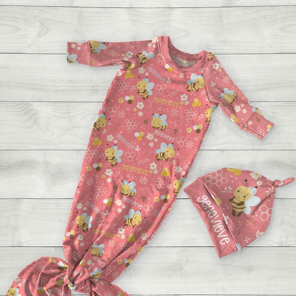 Personalized Baby Girl Bees & Flowers Knotted Gown Set, Custom Name Newborn Pajama Nightgown, Pink and Yellow Onesie Sleeper, Shower Present