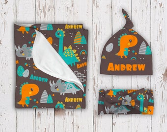 Personalized Baby Blanket For Boys, Custom Baby Blanket With Name, Soft Flannel With Double Layer Dotted Backing, Receiving Swaddle Blanket Suitable For Infants And Toddler, Blue Dinosaur(47\"x60