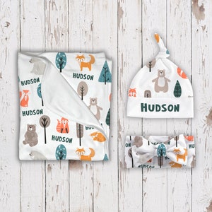 Personalized Baby Boy Woodland Animals Swaddle Blanket Set, Custom Name Bears & Foxes Knot Hat, Girl Nature Headband, Wilderness Shower Gift