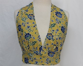 Halter Top, Yellow Floral, Size Medium, Funky 70's Style, Tie-up