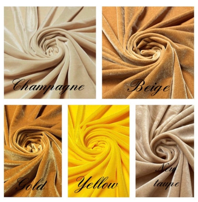 May include: Five fabric swatches in different shades of beige, yellow, and gold. The swatches are arranged in a grid with the following labels: Champagne, Beige, Gold, Yellow, and Taupe.