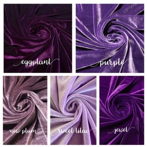 May include: Five swatches of velvet fabric in different shades of purple. The swatches are arranged in a grid with the names of the colors written below each swatch: eggplant, purple, new plum, sweet lilac, and jewel.
