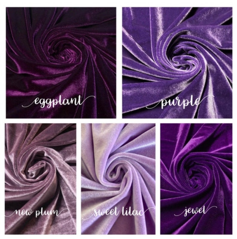 May include: Five swatches of velvet fabric in different shades of purple. The swatches are arranged in a grid with the names of the colors written below each swatch: eggplant, purple, new plum, sweet lilac, and jewel.