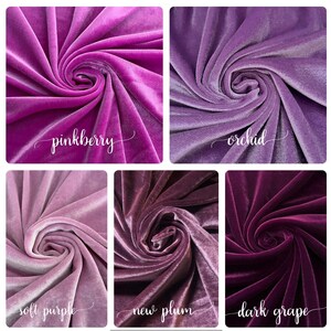 May include: Six swatches of velvet fabric in different shades of purple. The swatches are arranged in two rows of three. The colors are pinkberry, orchid, soft purple, new plum, dark grape.