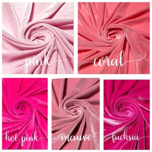 May include: Six swatches of velvet fabric in different shades of pink: pink, coral, hot pink, mauve, fuchsia.