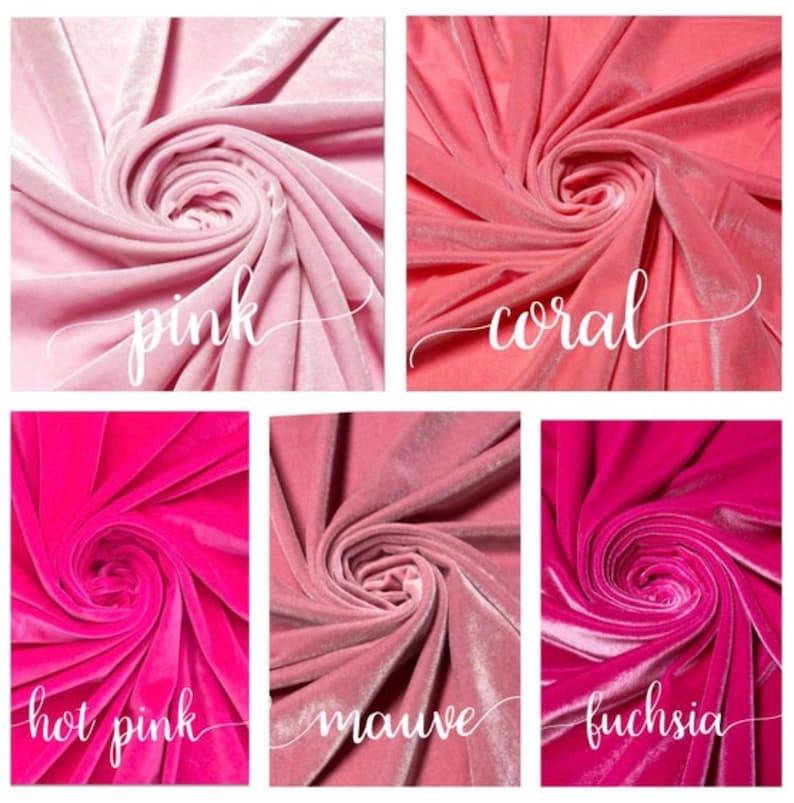 May include: Six swatches of velvet fabric in different shades of pink: pink, coral, hot pink, mauve, fuchsia.