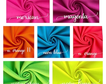 May include: A collage of fabric swatches in various neon colors, including neon orange, neon blue, neon green, and neon lime. The swatches are arranged in a grid pattern and each swatch has a text label indicating the color.