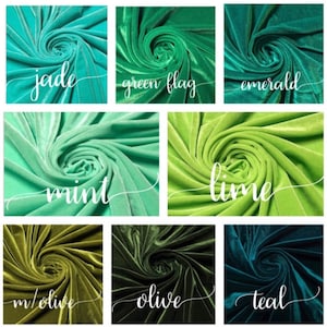 May include: Nine fabric swatches in various shades of green, including jade, green flag, emerald, mint, lime, m/olive, olive, and teal. The fabric is a soft, velvety material.