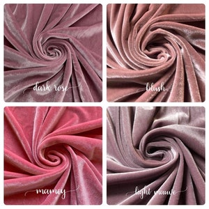 May include: Four swatches of velvet fabric in different shades of pink. The swatches are arranged in a grid, with "dark rose", "blush", "mamey", and "light mauve" written below each swatch.