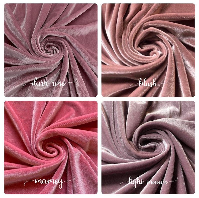 May include: Four swatches of velvet fabric in different shades of pink. The swatches are arranged in a grid, with "dark rose", "blush", "mamey", and "light mauve" written below each swatch.