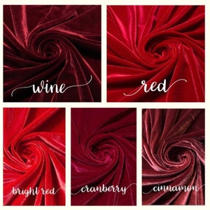 May include: Six swatches of velvet fabric in different shades of red: wine, red, bright red, cranberry, and cinnamon.