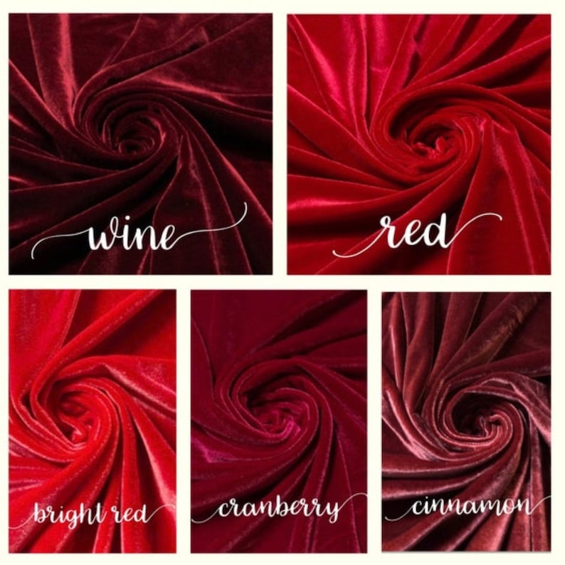 May include: Six swatches of velvet fabric in different shades of red: wine, red, bright red, cranberry, and cinnamon.