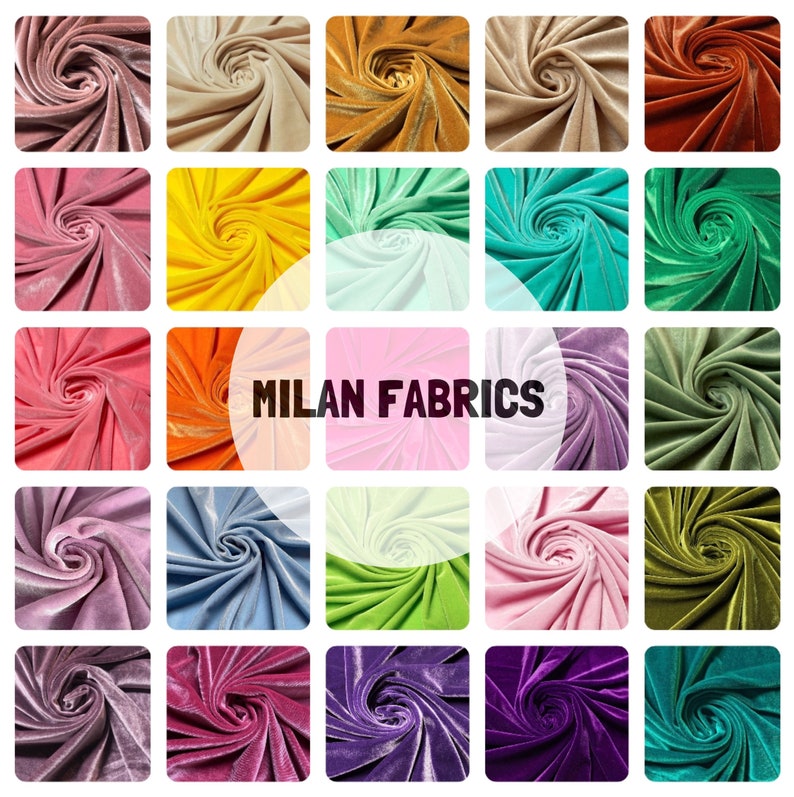May include: A collection of 24 fabric swatches in various colors, including red, orange, yellow, green, blue, purple, and pink. The fabric is a velvet material with a soft, luxurious feel. The swatches are arranged in a grid pattern and labeled "MILAN FABRICS".
