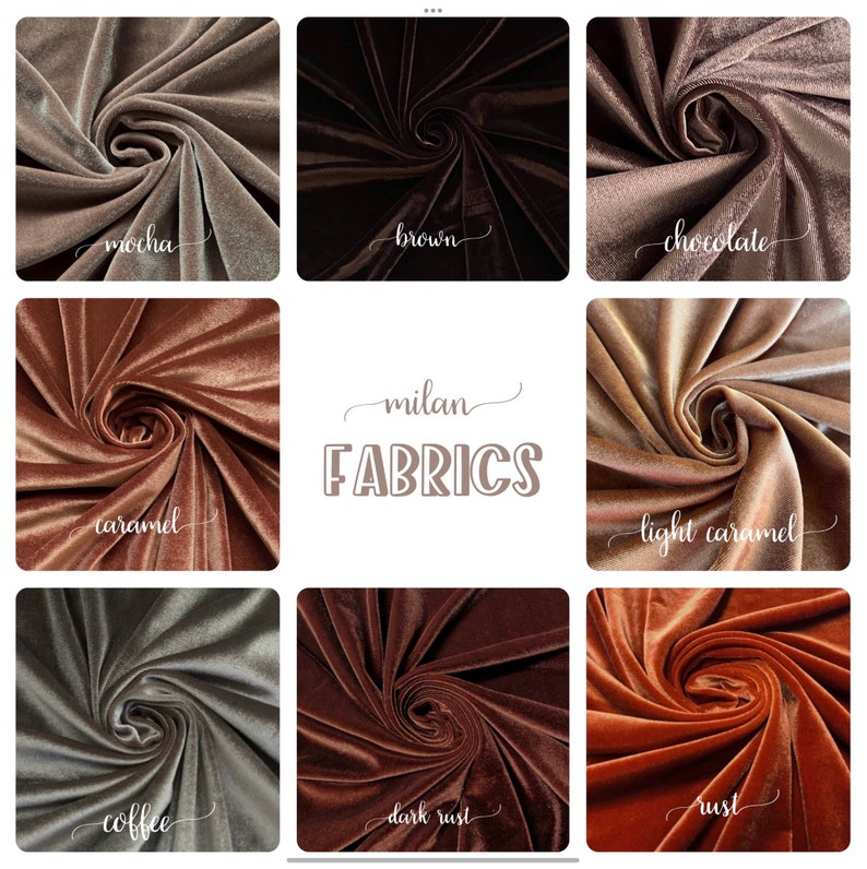May include: Nine fabric swatches in various shades of brown, including mocha, brown, chocolate, caramel, light caramel, coffee, dark rust, and rust. The swatches are arranged in a grid with the word "milan FABRICS" in the center.