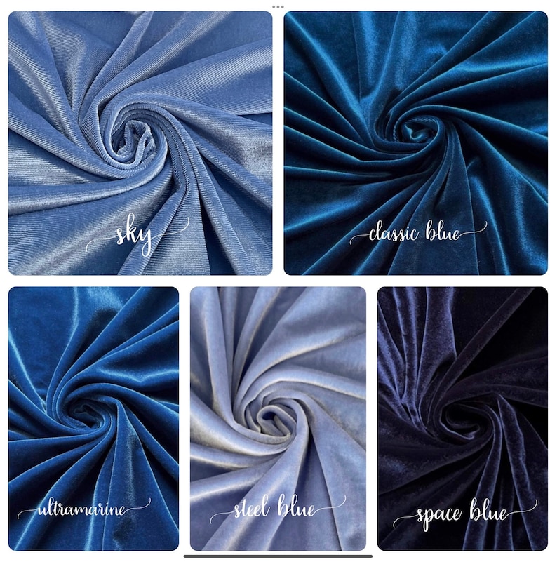 May include: Five fabric swatches in different shades of blue. The swatches are arranged in a grid with the names "sky", "classic blue", "ultramarine", "steel blue", and "space blue" written below each swatch.