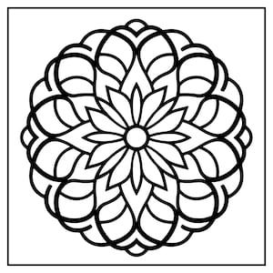 May include: Black and white mandala design. The symmetrical pattern features a central floral element surrounded by layered, curved shapes. The design is enclosed within a square frame, suitable for coloring or decorative purposes.