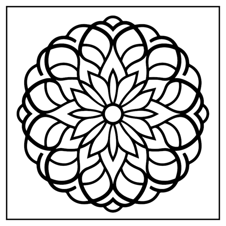 May include: Black and white mandala design. The symmetrical pattern features a central floral element surrounded by layered, curved shapes. The design is enclosed within a square frame, suitable for coloring or decorative purposes.