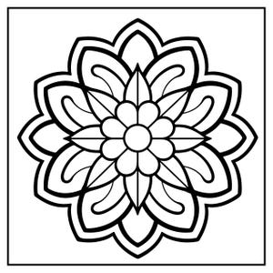 May include: Black and white floral mandala design. The symmetrical pattern features layered petals and a central flower shape, all outlined with thick black lines. The design is centered on a white background.