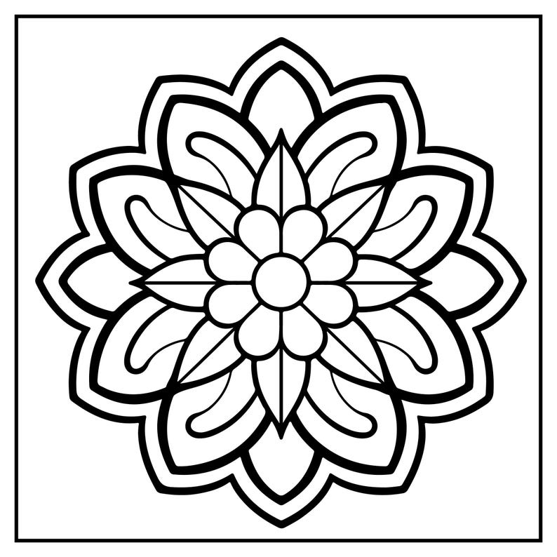 May include: Black and white floral mandala design. The symmetrical pattern features layered petals and a central flower shape, all outlined with thick black lines. The design is centered on a white background.