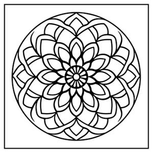 May include: Black and white mandala design. The circular pattern features a detailed floral design with layered petals and a central flower-like element. The artwork is enclosed within a square frame.
