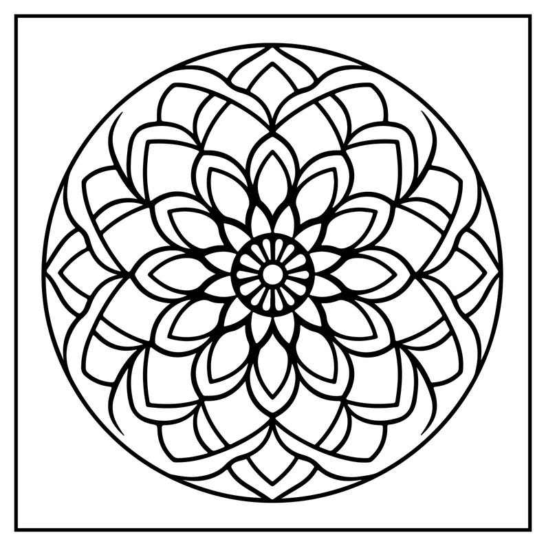 May include: Black and white mandala design. The circular pattern features a detailed floral design with layered petals and a central flower-like element. The artwork is enclosed within a square frame.