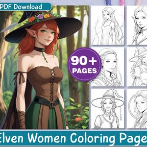 Könnte beinhalten: Ein digitaler Download mit einer Frau mit roten Haaren, die einen schwarzen Hut mit Blumen und ein braunes und grünes Kleid trägt. Das Bild enthält den Text "Elven Women Coloring Pages" und "90+ Pages".