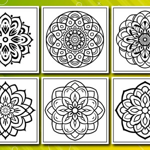 May include: Six black and white mandala designs are displayed on a white background. Each mandala features intricate floral patterns and symmetrical designs. The images are square and arranged in a grid, suitable for coloring or decorative purposes.