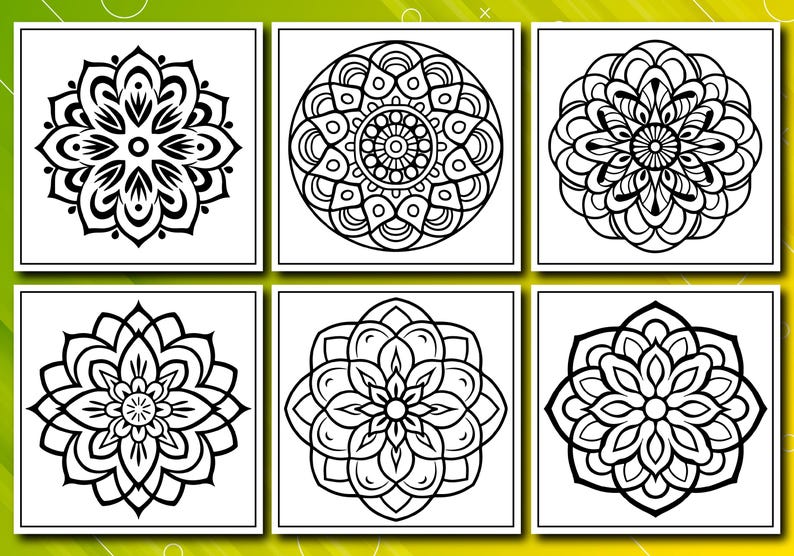 May include: Six black and white mandala designs are displayed on a white background. Each mandala features intricate floral patterns and symmetrical designs. The images are square and arranged in a grid, suitable for coloring or decorative purposes.
