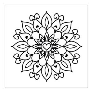 May include: Black and white mandala design with a heart in the center. The symmetrical pattern features floral and heart-shaped elements, perfect for coloring or decorative purposes. The design is set against a white background.