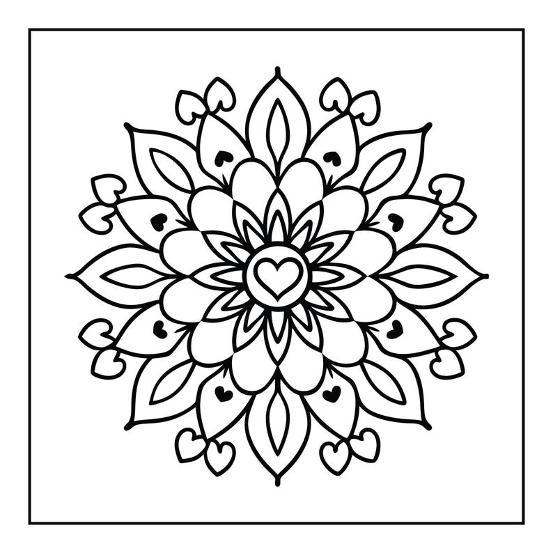 May include: Black and white mandala design with a heart in the center. The symmetrical pattern features floral and heart-shaped elements, perfect for coloring or decorative purposes. The design is set against a white background.