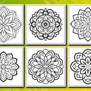 May include: Six black and white mandala designs are displayed in square frames. Each mandala features intricate floral or geometric patterns, perfect for coloring or artistic projects. The designs vary in complexity and style, offering a range of creative options.
